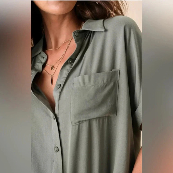 NEW with Tags (NWT) LuLus Blythe Olive Green Short Sleeve Button-Up Top - Picture 5 of 9